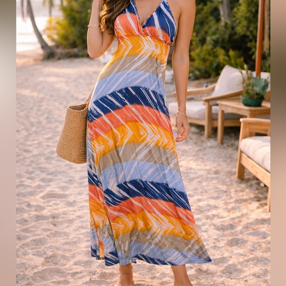 Derek Heart Vibrant Halter Maxi Dress | Colorful Summer Beach Boho Dress Size L